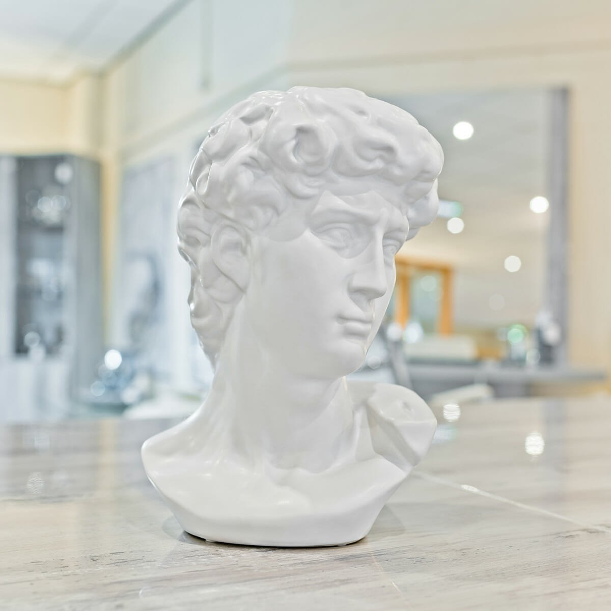 Ceramic White David Bust in our Showroom
