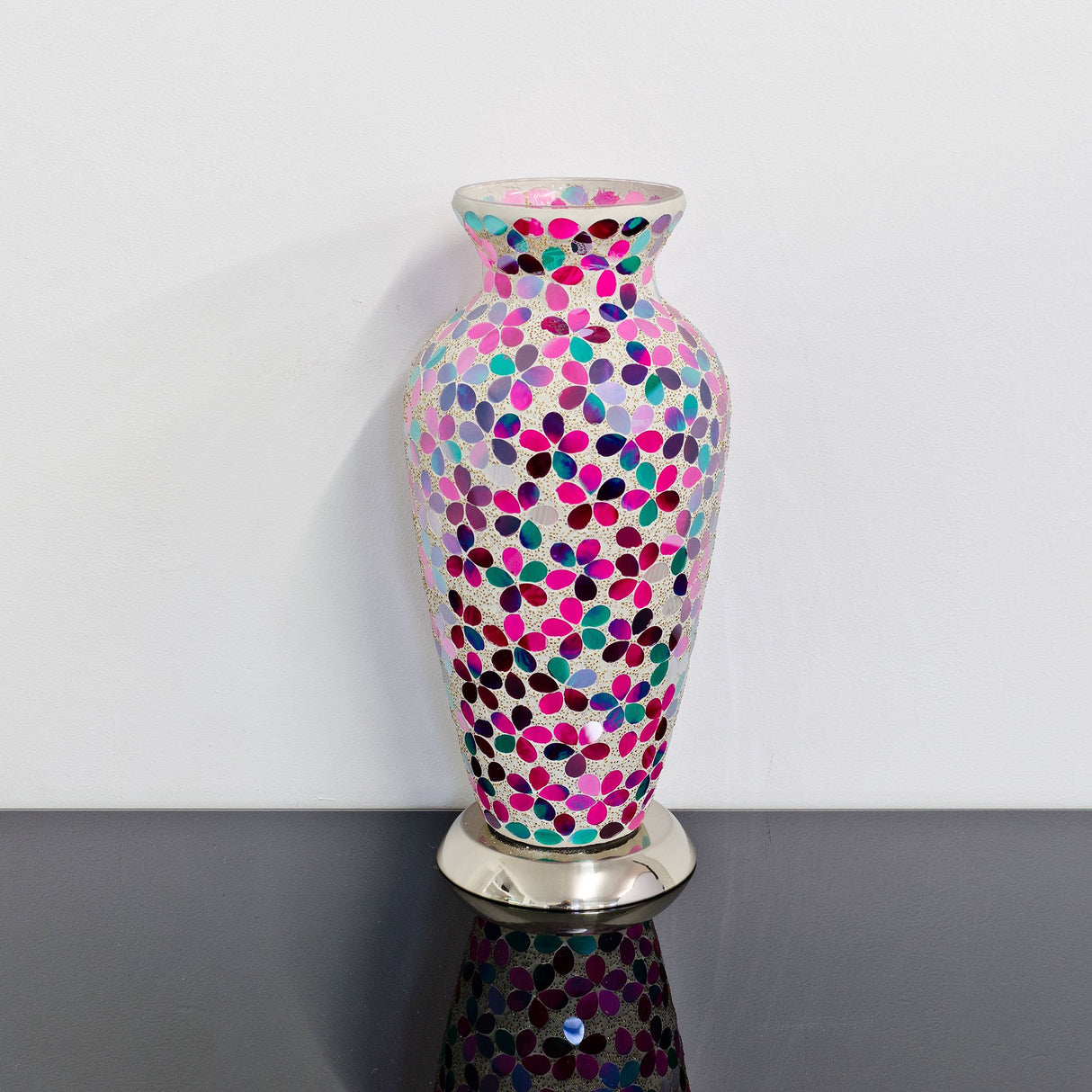 Pink Flower Medium Mosaic Glass Vase Lamp
