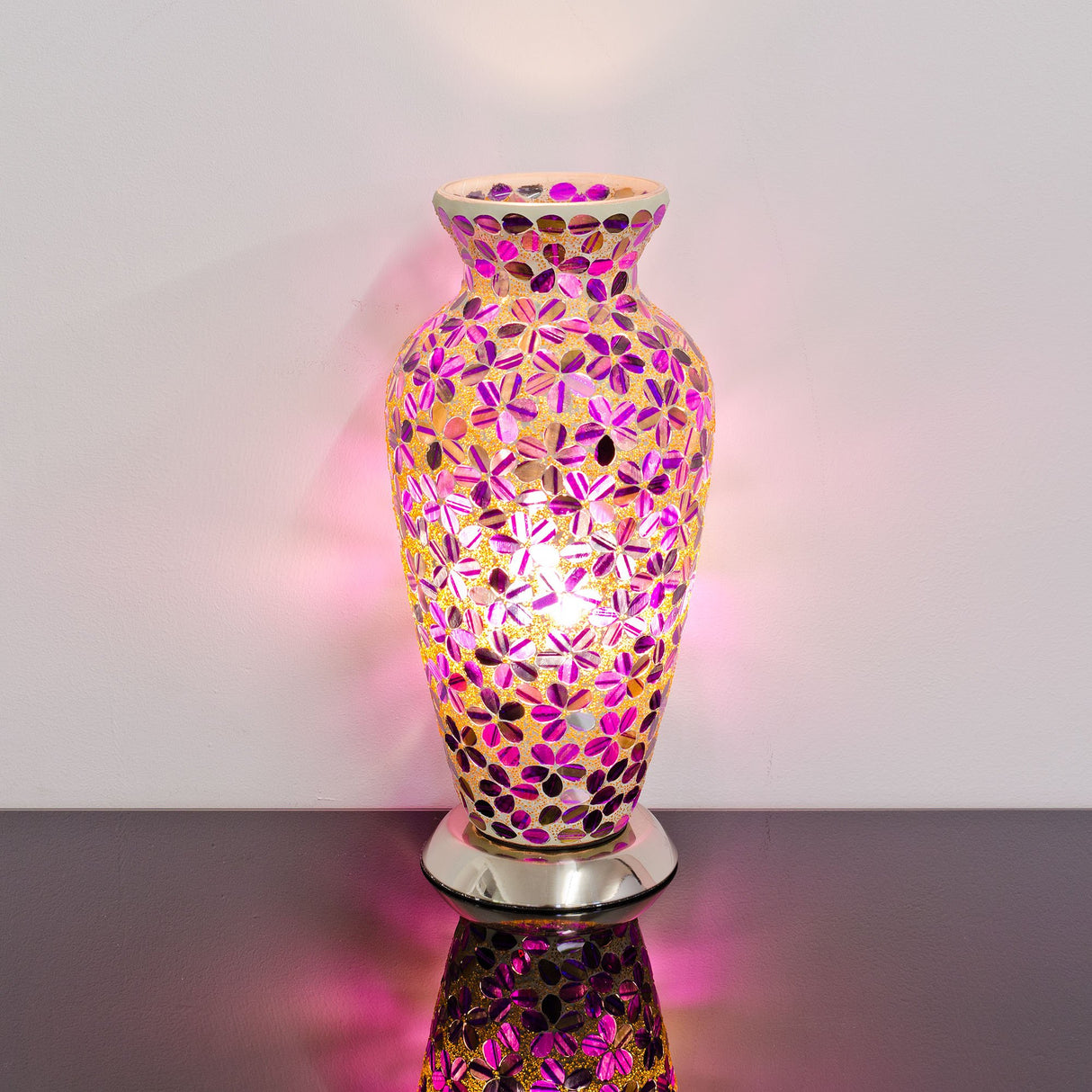 Magenta Flower Medium Mosaic Glass Vase Lamp
