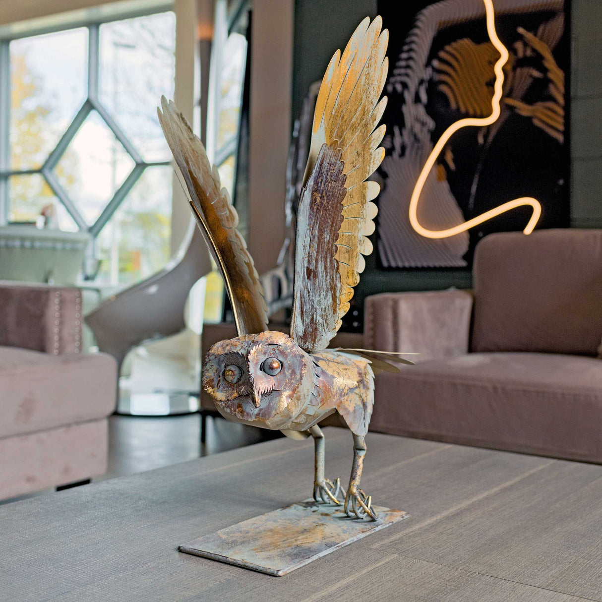 Metal Owl in Flight Sculpture