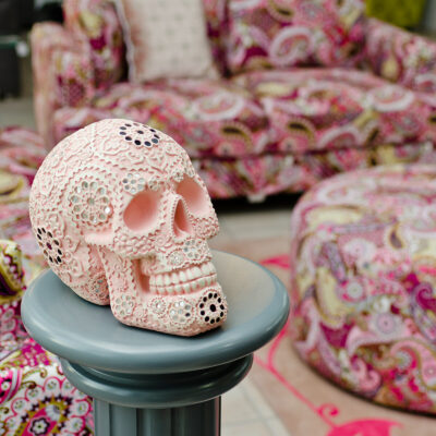 Calavera Pink and White Sugar Skull Ornament in our Showroom