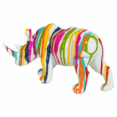 paint dripped white rhino sculpture - back