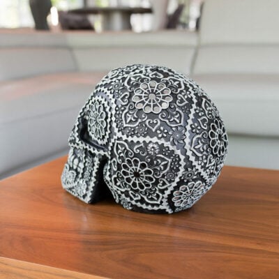 Calavera Black and White Sugar Skull Ornament in our Showroom - Back