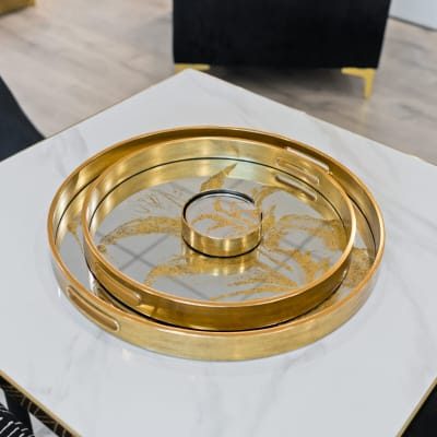 Gold Leaf Mirrored Serving Tray Set in our Showroom